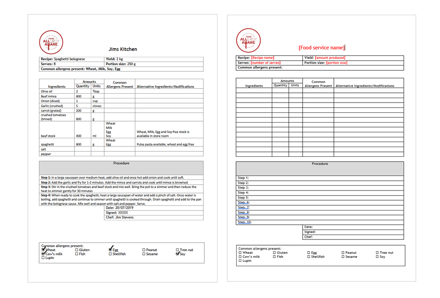 NAS Standardised Recipe Example and Template