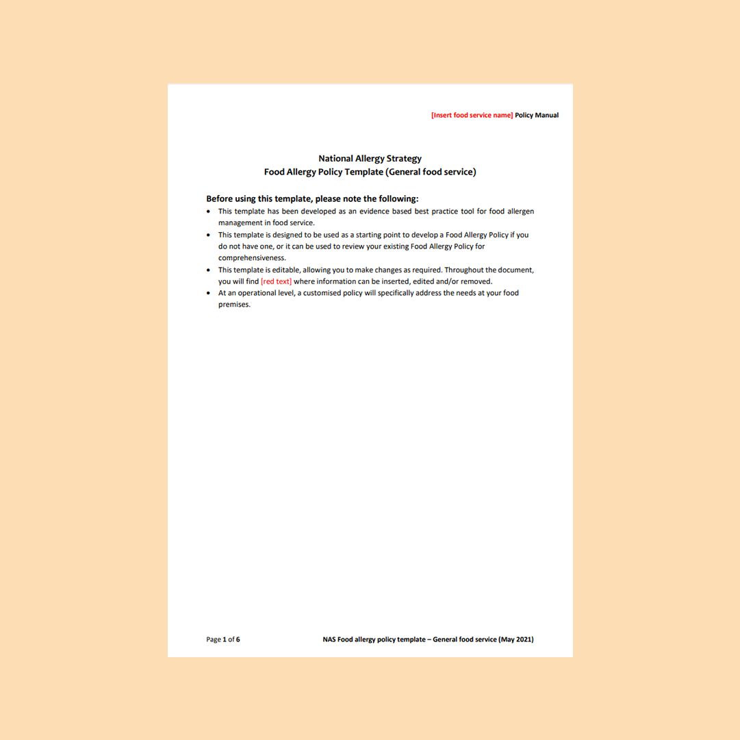 Food allergy policy template