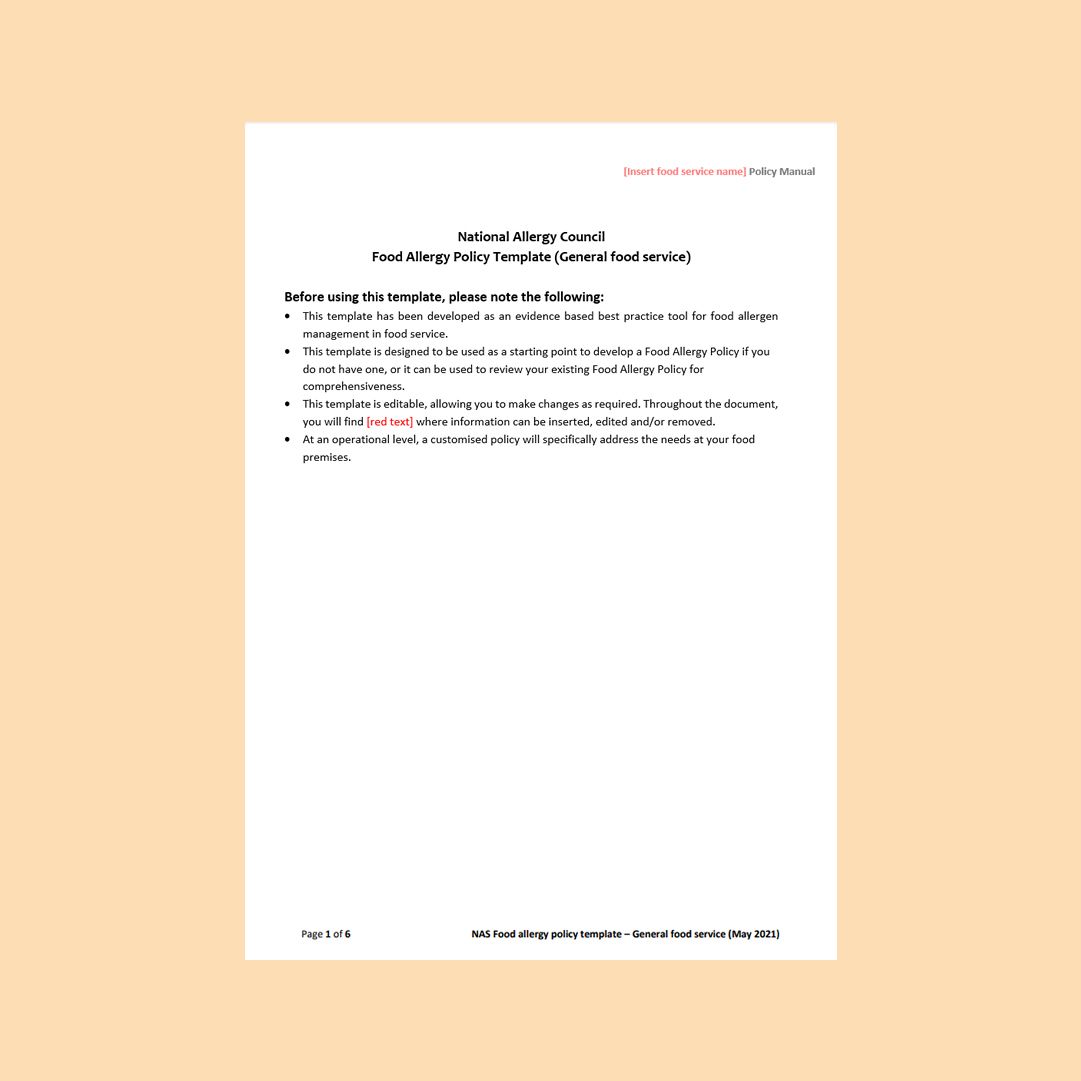 Food allergy policy template