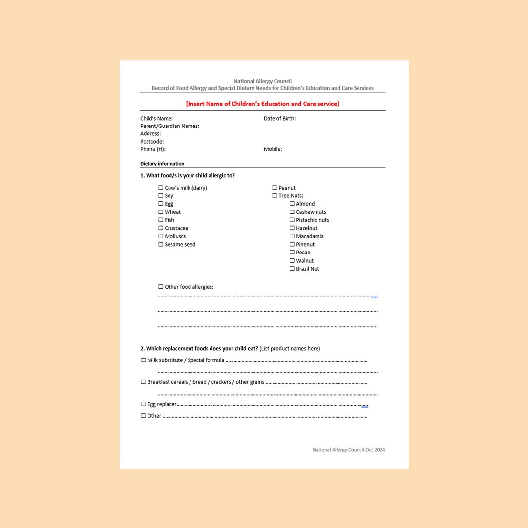 Food allergy policy template